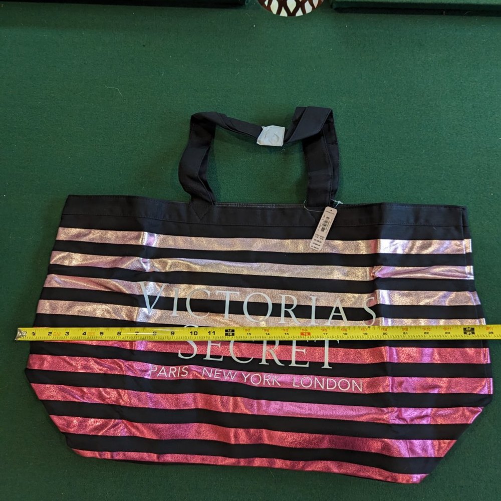 NWT Victoria's Secret Large Black w/ Hot Pink & Rose Gold Stripes Tote/Beach Bag - Picture 3 of 8
